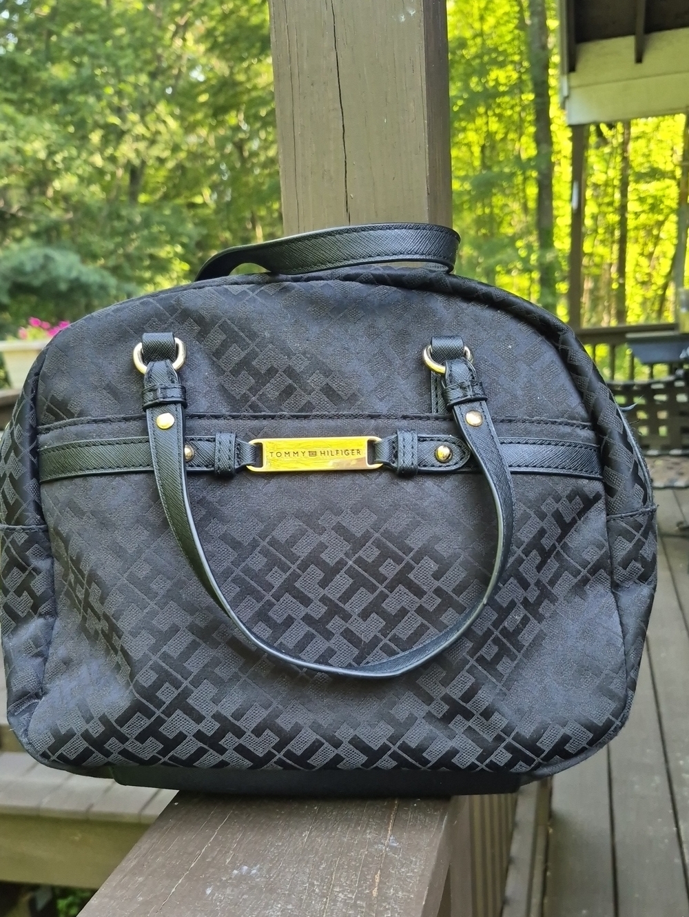Tommy Hilfiger Black monogram jacquard signature pattern Dome Satchel bag